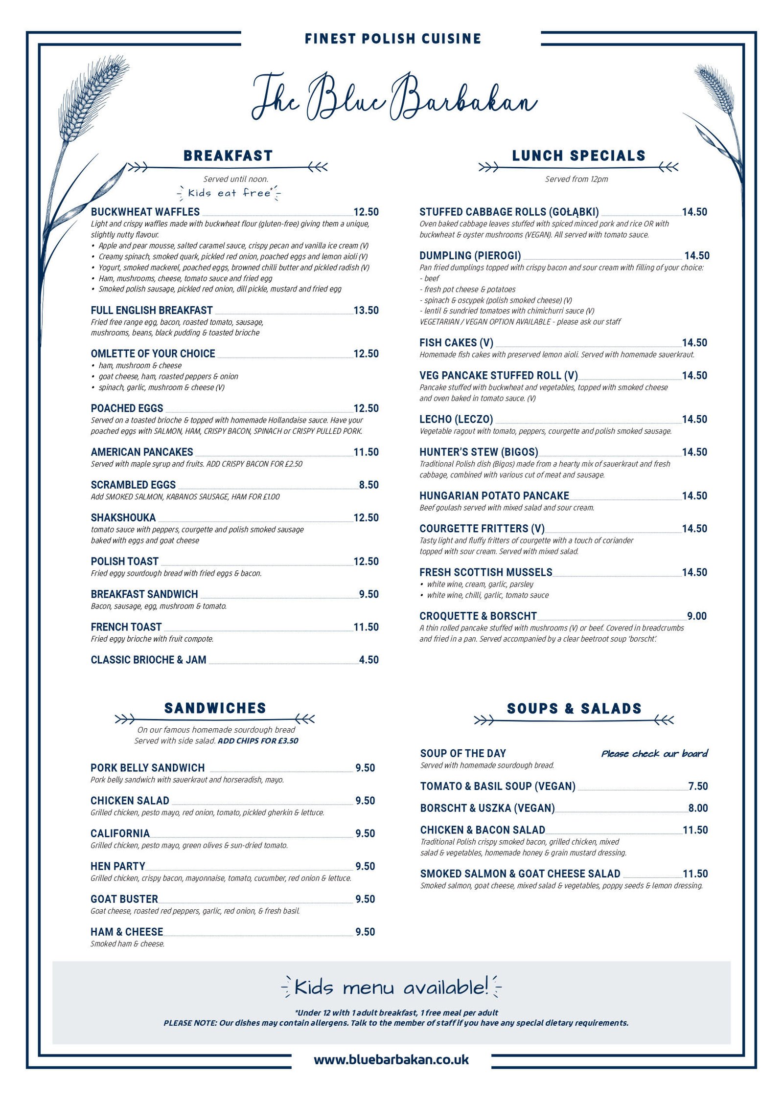 A copy of the blue barbakan breakfast and lunch menu.