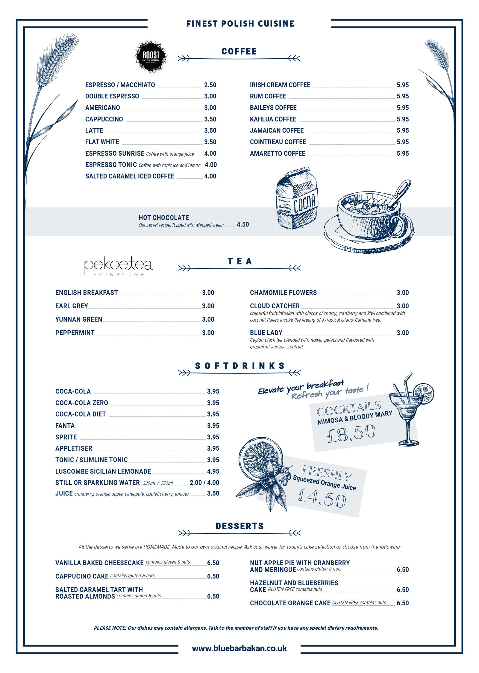 A copy of the blue barbakan breakfast and lunch menu.